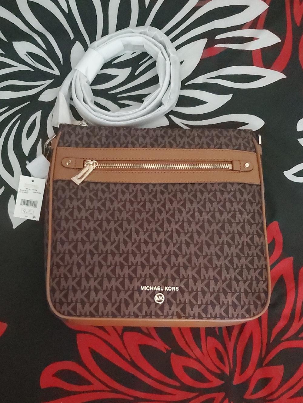 Michael Kors Charm Jet Set Brown and Tan MK Signature Crossbody Bag